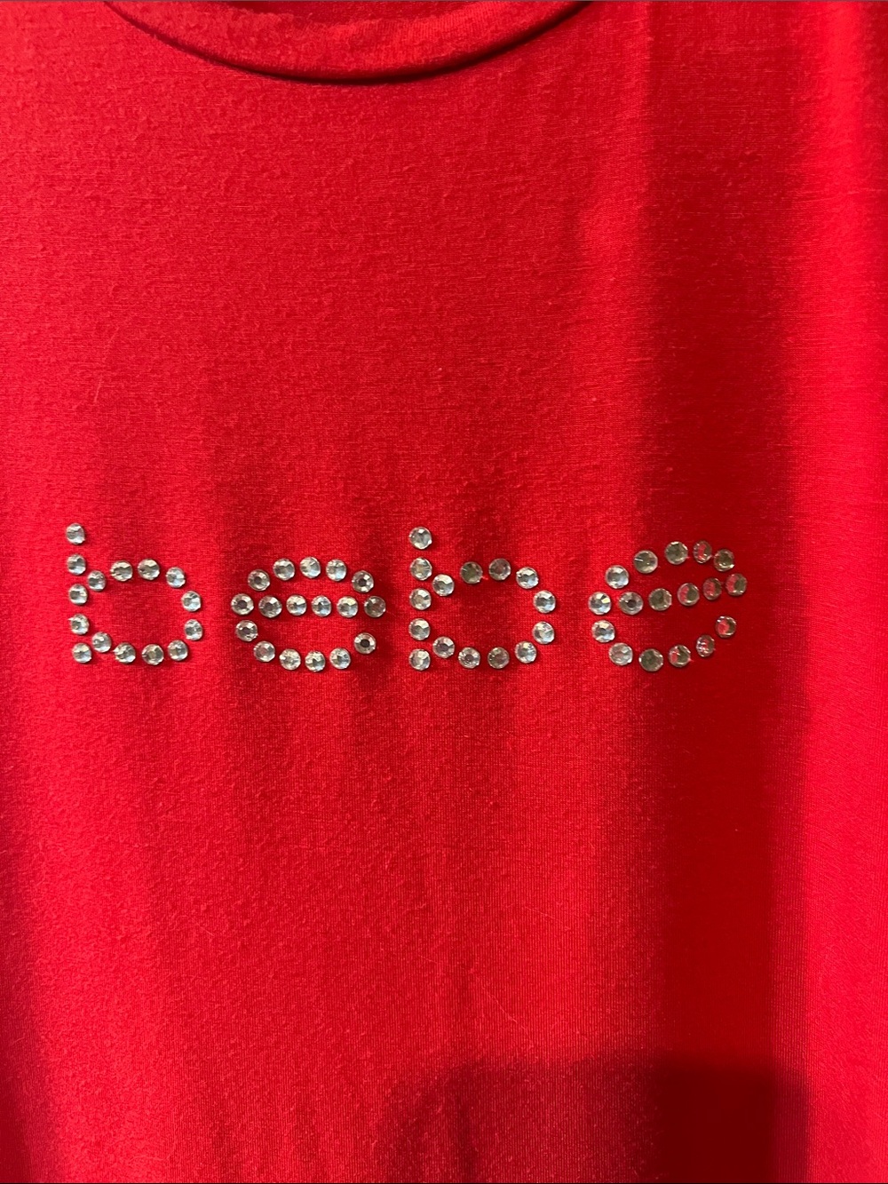 bebe Red Short-Sleeve Rhinestone Logo Tee H325 - Picture 4 of 9